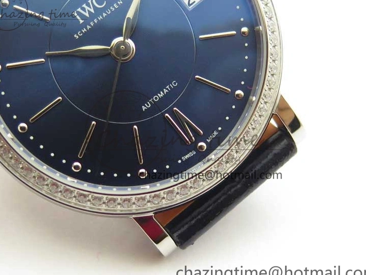 MIROTIME 0429 Portofino 37mm SS V7F 1:1 Best Edition Blue Dial Diamonds Bezel on Blue Leather Strap A Chic 7093